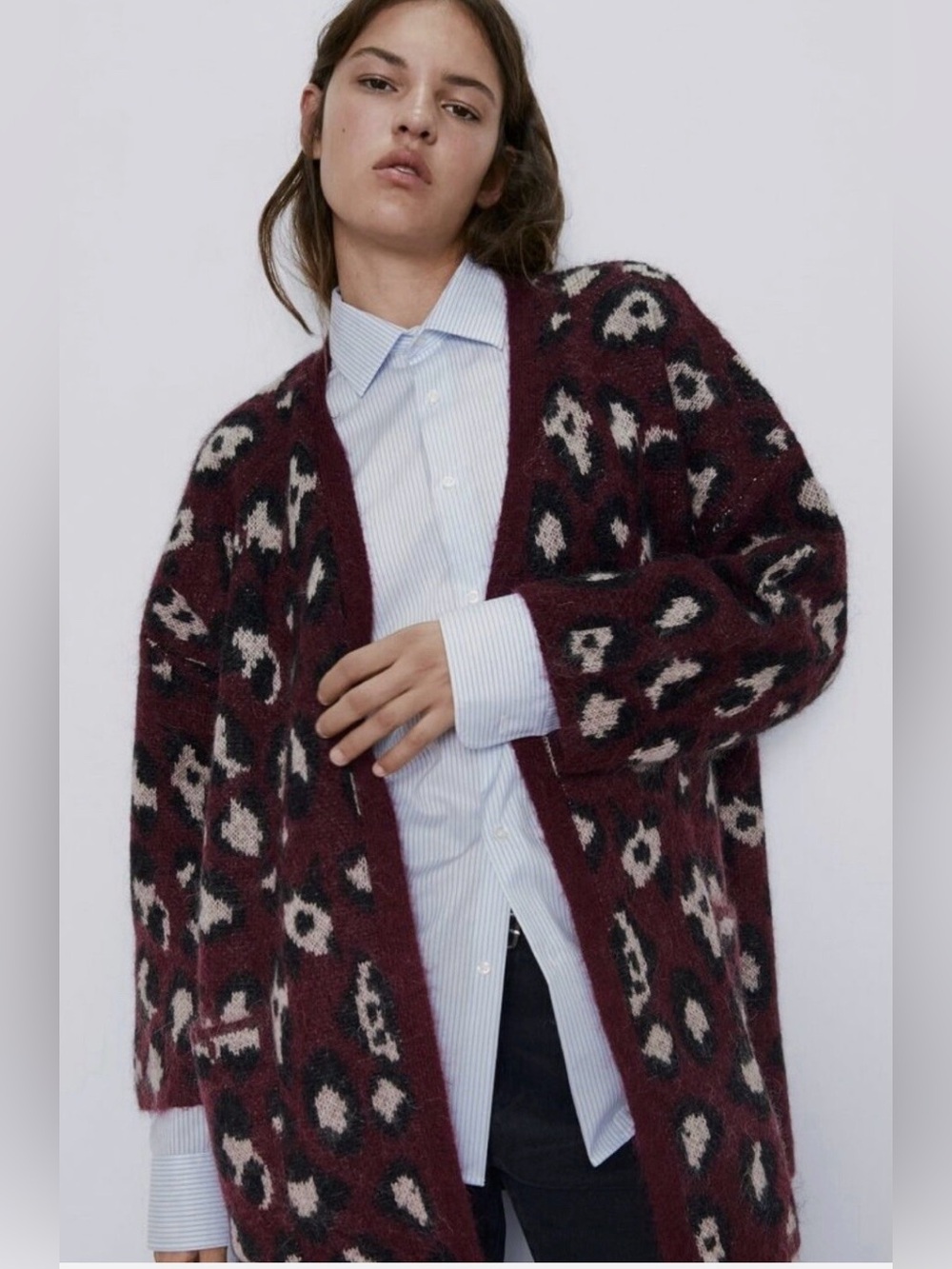 ZARA Burgundy Leopard Print Open Cardigan Sweater size medium/large